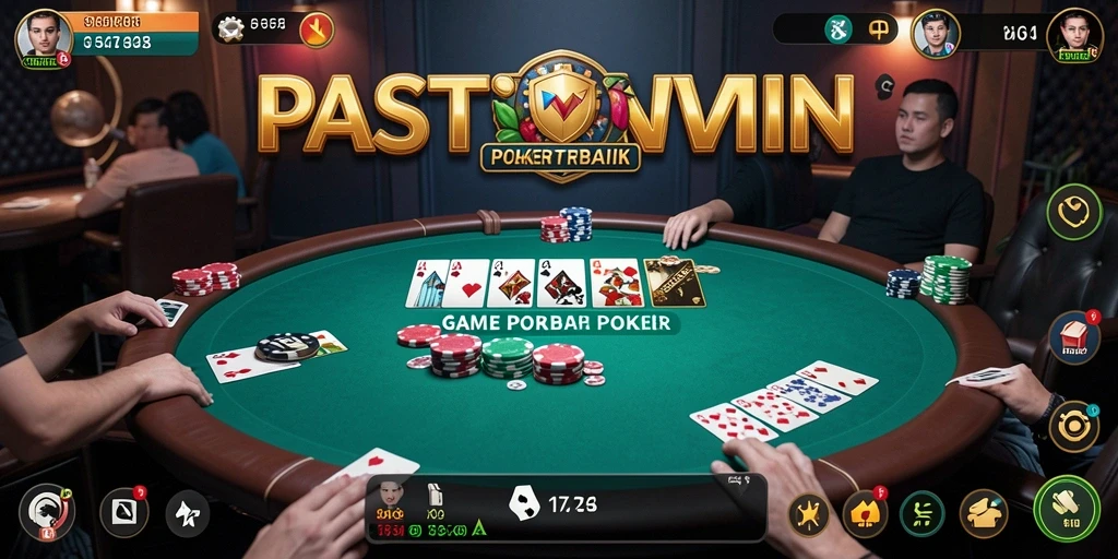 Screenshot utama game PASTIWIN menampilkan aksi seru di meja Poker.